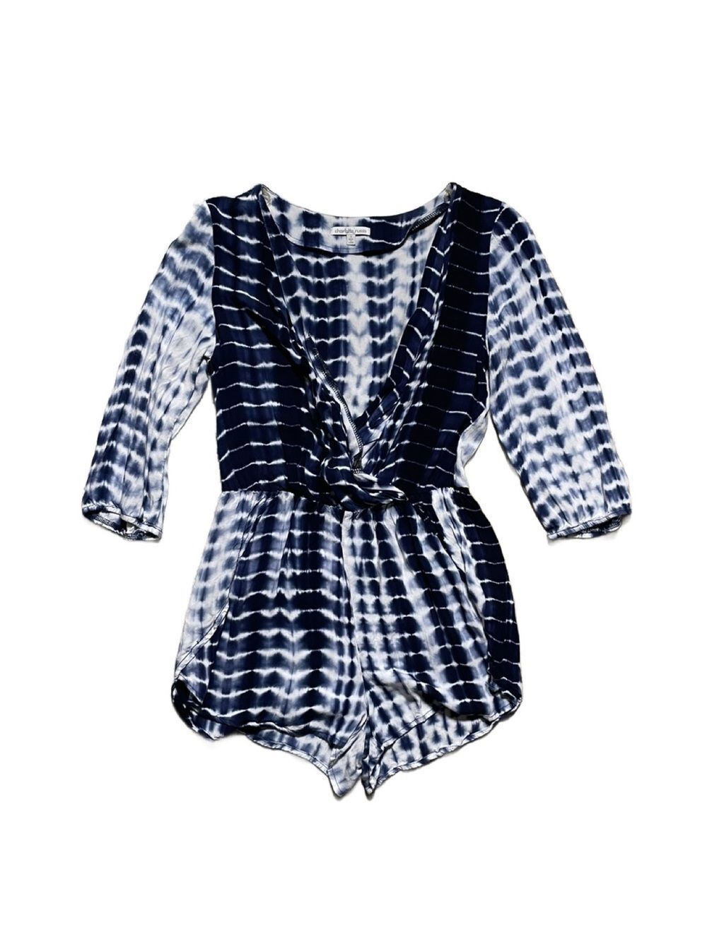 Charlotte Russe Blue & White Tie Dye V-Neck Romper with 3/4 Sleeves (Size: S)